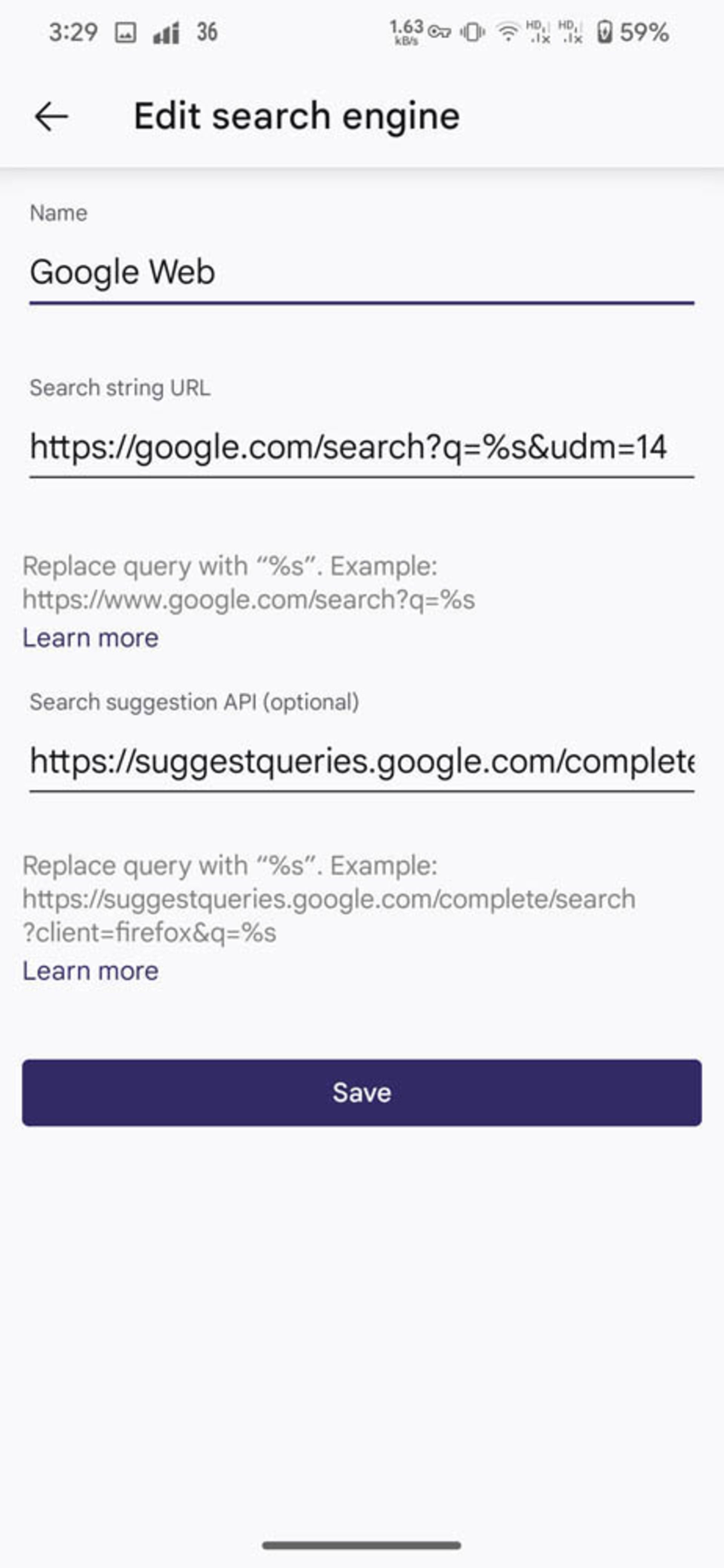 تنظیمات موتور جستوجوی سفارشی در فایرفاکس موبایل برای اضافه کردن Google Web